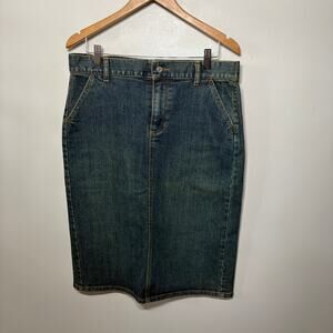 GAP Jeans Skirt Denim Blue Pocket Midi Back Slit Modest Minimalist Stretch 10